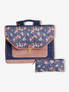 Schooltas + etui Flowers voor meisjes marineblauw