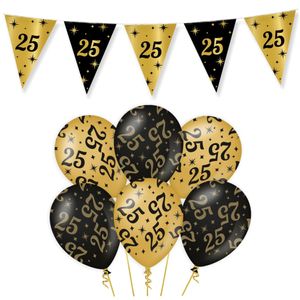 Leeftijd verjaardag feestartikelen pakket vlaggetjes/ballonnen 25 jaar zwart/goud