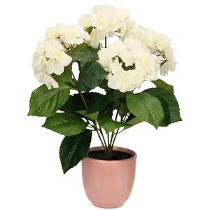 Hortensia kunstplant/kunstbloemen 40 cm - wit - in pot lichtroze glans