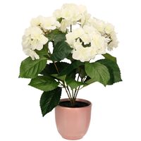 Hortensia kunstplant/kunstbloemen 40 cm - wit - in pot lichtroze glans