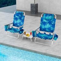 Set van 1 Tafel en 2 Strandstoelen Ligstoelen voor Buiten met Oprolbare Campingtafel 5-Standen Klapstoelen en Aluminium Tafel -Blauw