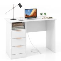 108 cm Bureau met Geïntegreerd Oplaadstation 3 Laden Open Schap Computerwerkplek Groot Modern Bureau met Opbergruimte Wit