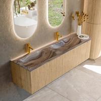 Badmeubel Mondiaz Kurve-Dlux | 165 cm | Meubelkleur Oak | Wastafelkleur Sombra | Solid surface | Dubbel / Links spoelbak | 2 kraangaten