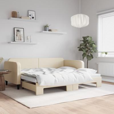 Slaapbank met onderschuifbed 90x200 cm stof crèmekleurig