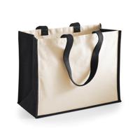 Jute katoenen boodschappentas - 2x - zwart/natural - 44 x 33 x 19 cm - 20 liter - draagtas