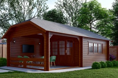Interflex W Blokhut 440x440 cm met overkapping 300 cm 50 mm vuren gecoat- Wolfskap- Hout- Interflex