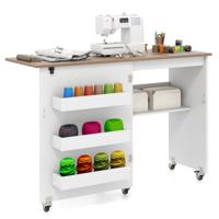 Vouwbare Naaitafel Rollende Knutselstation met Opbergvak 3 Verborgen Containers Mobiele Naaitafel 118,5 x 40 x 79,5 cm Wit+Naturel