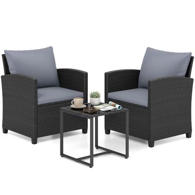 3-Delige Tuinmeubelset 2 Gestoffeerde Fauteuils met een Salontafel van Gehard Glas(Zwart Rietwerk)-Grijs