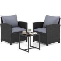 3-Delige Tuinmeubelset 2 Gestoffeerde Fauteuils met een Salontafel van Gehard Glas(Zwart Rietwerk)-Grijs