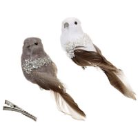 Decoratie vogels op clip - 6x stuks - grijs/wit - 17 cm - kunststof - thumbnail