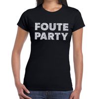 Foute Party zilveren glitter tekst t-shirt zwart dames - thumbnail