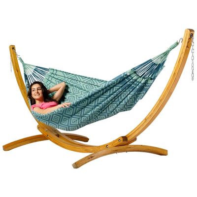 Eenpersoons hangmat met houten standaard - 300x140cm - Groen - 120kg draagkracht- 100% katoen - binnen & buiten