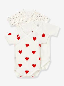 Set van 3 gekruiste babyrompertjes met korte mouwen en harten in biokatoen PETIT BATEAU wit