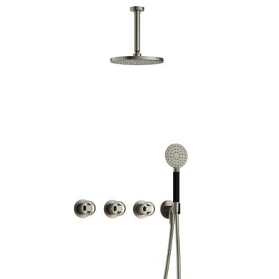 Hotbath Cobber - CW7067 - Inbouw Regendoucheset - Geborsteld Nikkel - 2 Stopkranen - Thermostatisch - Plafondbuis 15 cm - Hoofddouche 200 mm - Ronde Handdouche 3 Standen - Waterbesparend