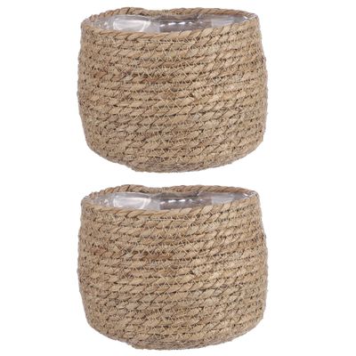 3x stuks naturel beige rotan planten pot mand van gedraaid jute/riet H15 en D18 cm