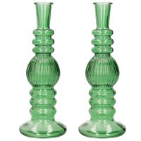 Ideas 4 Seasons Bloemenvaas Florence - 2x - groen glas - ribbel - D8,5 x H23 cm - Vazen