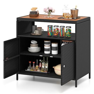 Rotan Opbergkast Buiten Dressoir met Acaciahouten Blad Open Vak & Gesloten Kast 2-Deurs Rieten Dressoir Opbergmeubel voor Terras Patio