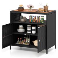 Rotan Opbergkast Buiten Dressoir met Acaciahouten Blad Open Vak & Gesloten Kast 2-Deurs Rieten Dressoir Opbergmeubel voor Terras Patio