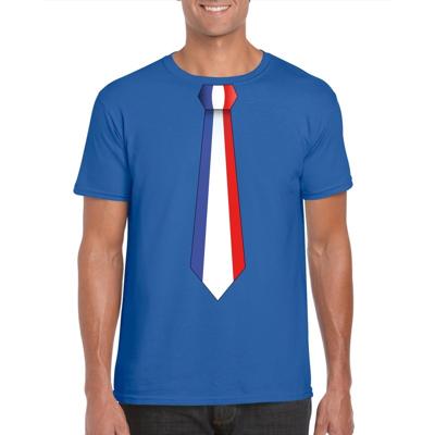 Supporters T-shirt - blauw - met vlag Frankrijk kleuren stropdas - heren - korte mouw