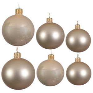 Glazen kerstballen pakket champagne glans/mat 16x stuks diverse maten