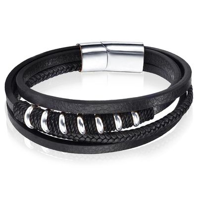 Leren armband Mendes RVS kralen Touw Zwart Zilverkleurig-20.5cm