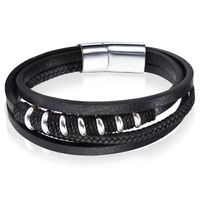 Leren armband Mendes RVS kralen Touw Zwart Zilverkleurig-22cm - thumbnail