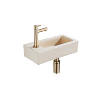 QeramiQ Fuente Fonteinset - 37.5x18.5x9cm - keramiek - kraangat links - fonteinkraan geborsteld messing - afvoerplug - verlaagd sifon - Mat Beige SW1122452/SW696208/SW696218/SW696238