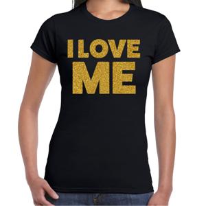 Foute party t-shirt dames - I love me - zwart - glitter goud - carnaval/themafeest