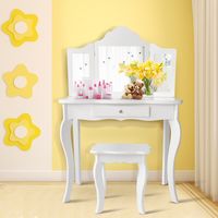 Kinderen Kaptafel Make-Up Set met 3 Inklapbare en Afneembare Spiegels Kindertafel met Kruk en Ladevoor Meisjes Wit