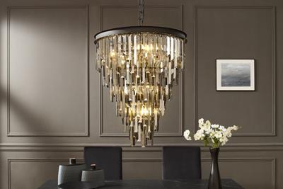 Luxe Kroonluchter CRYSTAL 50cm Grijs met Glazen Prisma&apos;s Zwart IJzeren Hanglamp - 44818