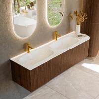 Badmeubel Mondiaz Kurve-Dlux | 165 cm | Meubelkleur Walnut | Wastafelkleur Opalo | Solid surface | Dubbele spoelbak | 2 kraangaten
