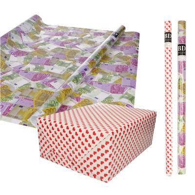 Inpak/cadeau papier - set van 6x stuks rollen - euro geld biljetten - en - Hartjes design