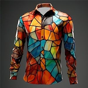 Kleurenblok Kleurrijk Artistiek Abstract Voor heren Overhemd Alledaagse kleding Uitgaan Herfst winter Strijkijzer Lange mouw blauw, Oranje, Groen S, M, L 4-way stretchstof Overhemd Lightinthebox