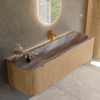 Badmeubel Mondiaz Kurve-Dlux | 145 cm | Meubelkleur Oak | Wastafelkleur Oza | Solid surface | Wasbak rechter zijde spoelbak | 1 kraangat