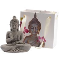 Boeddha beeldje in cadeautas - kunststeen - grijs - 3 x 5 x 5,5 cm