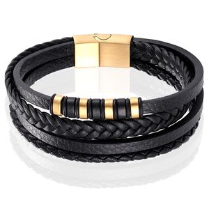 Leren heren armband Multi Mendes Edelstaal Goudkleurig Zwart-18.5cm