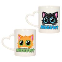 Cadeau set van 2x stuks koffie/thee drink mokken - poes/kat - Miauw - hartjes oor - keramiek