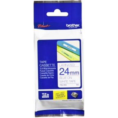 Brother lettertape TZE 253 wit/ blauw 24 mm