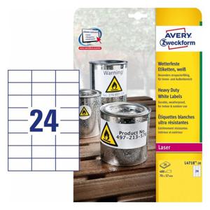 Avery-Zweckform L4718-20 Folie-etiketten 70 x 37 mm Polyester folie Wit 480 stuk(s) Permanent hechtend Laser (kleur), Laser (zwart/wit), Kopiëren (kleur),