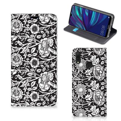 Huawei Y7 hoesje Y7 Pro (2019) Smart Cover Black Flowers Huawei Y7 hoesje Y7 Pro (2019) Smart Cover Black Flowers