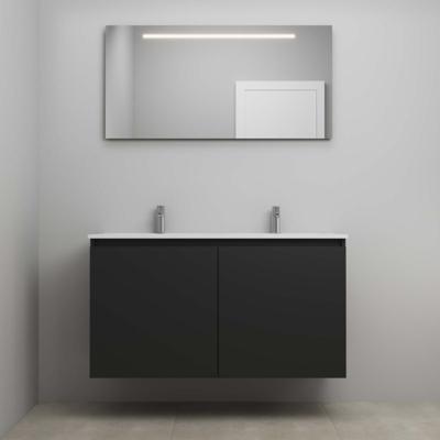 On-Line Badkamermeubelset - 120 cm - Bouwpakket - Greeploos 2 Deuren - Porseleinen Wastafel - 2 Kraangaten - Spiegel met LED-Verlichting - Mat Zwart