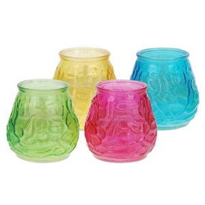 Windlicht geurkaars - 4x - groen/geel/blauw/roze glas - 48 branduren - citrusgeur