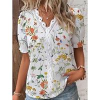 Dames Blouse Bloemig Kant Dagelijks Etnisch Pofmouw Korte mouw V-hals Wit Zomer Lightinthebox - thumbnail