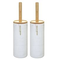 2x stuks WC-/toiletborstel met houder rond wit met marmer effect kunststof/bamboe 38 cm - Toiletborstels