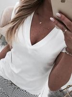 Vintage Short Sleeve Plain V Neck Casual Top - thumbnail