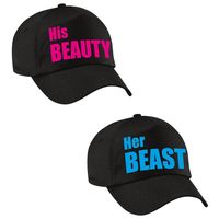 Her Beast en His beauty caps blauw / roze tekst volwassenen - thumbnail