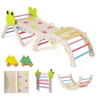 7-in-1 Driehoekige Set Klimspeelgoed voor Peuters met Helling Ladder en Boog Houten Montessori-klimspeelset met Kikker-thema en Doolhofspel