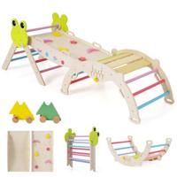 7-in-1 Driehoekige Set Klimspeelgoed voor Peuters met Helling Ladder en Boog Houten Montessori-klimspeelset met Kikker-thema en Doolhofspel