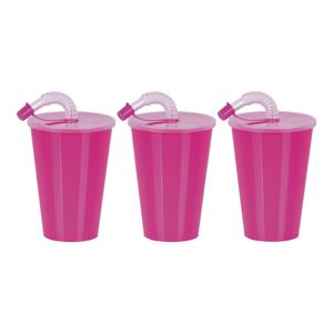 Drinkbeker met deksel en rietje - 6x - roze - kunststof - 450 ml - 12 x 9 cm