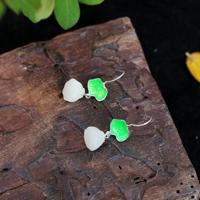 Sterling zilveren natuurlijke Hetian Jade witte jade Lotus ingelegde cloisonné oorbellen